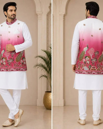 Shaded Peacock Men's Koti Kurta Pyjama Set | Malai Satin 3-Piece Ethnic Wear | Navratri Garba & Wedding - Rosepetals Luxe