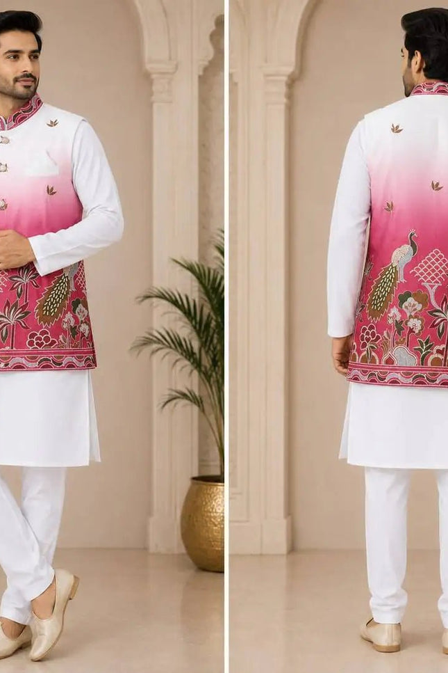 Shaded Peacock Men's Koti Kurta Pyjama Set | Malai Satin 3-Piece Ethnic Wear | Navratri Garba & Wedding - Rosepetals Luxe