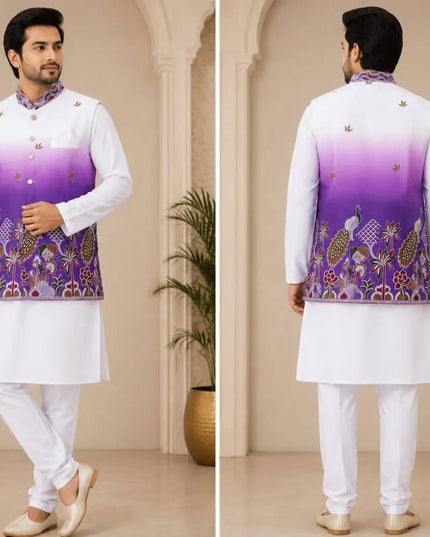 Shaded Peacock Men's Koti Kurta Pyjama Set | Malai Satin 3-Piece Ethnic Wear | Navratri Garba & Wedding - Rosepetals Luxe
