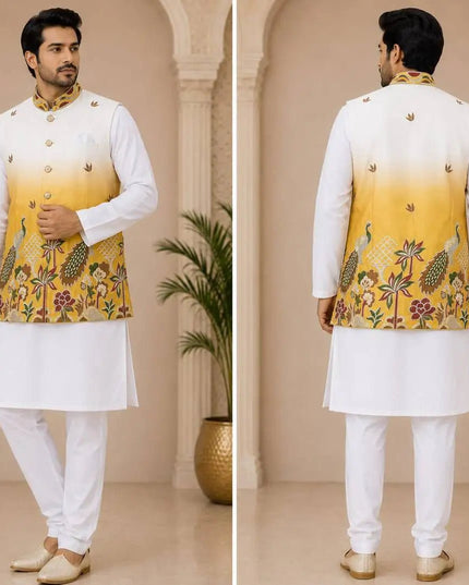 Shaded Peacock Men's Koti Kurta Pyjama Set | Malai Satin 3-Piece Ethnic Wear | Navratri Garba & Wedding - Rosepetals Luxe