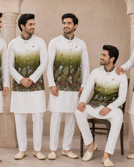 Shaded Peacock Men's Koti Kurta Pyjama Set | Malai Satin 3-Piece Ethnic Wear | Navratri Garba & Wedding - Rosepetals Luxe