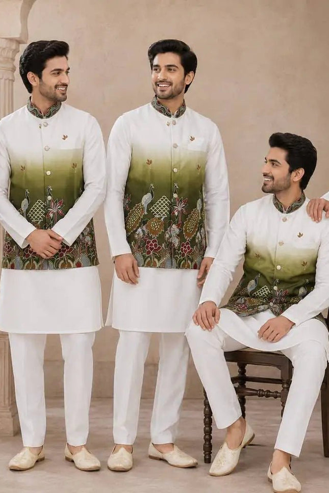Shaded Peacock Men's Koti Kurta Pyjama Set | Malai Satin 3-Piece Ethnic Wear | Navratri Garba & Wedding - Rosepetals Luxe