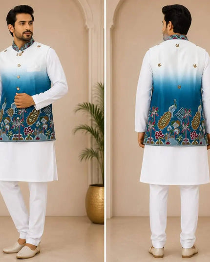 Shaded Peacock Men's Koti Kurta Pyjama Set | Malai Satin 3-Piece Ethnic Wear | Navratri Garba & Wedding - Rosepetals Luxe