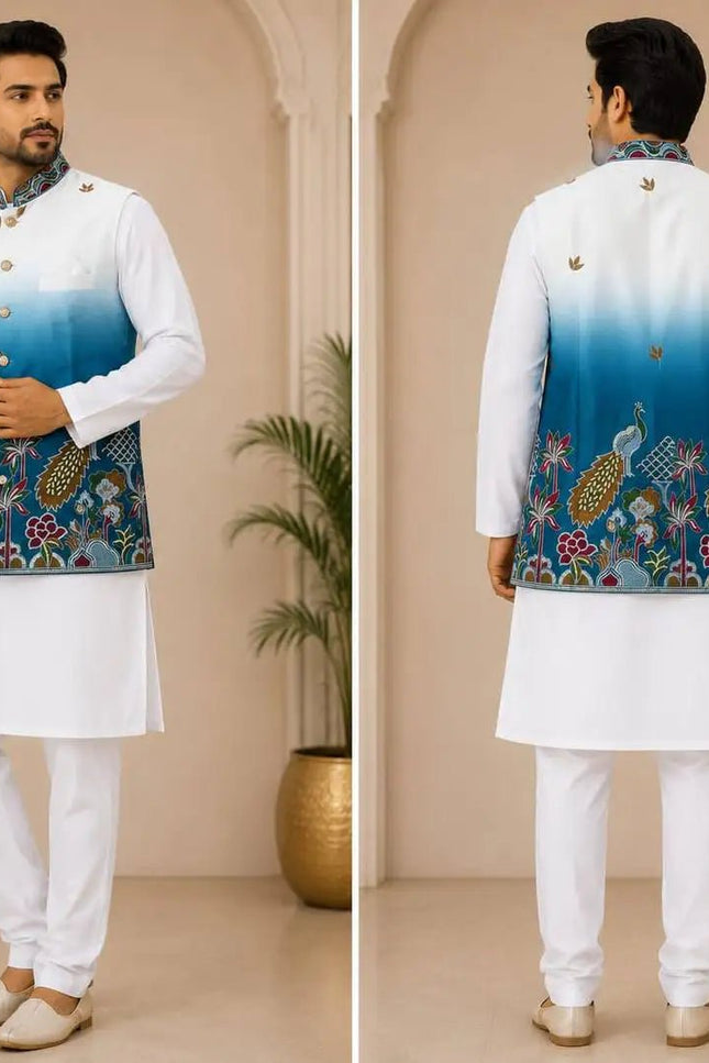 Shaded Peacock Men's Koti Kurta Pyjama Set | Malai Satin 3-Piece Ethnic Wear | Navratri Garba & Wedding - Rosepetals Luxe