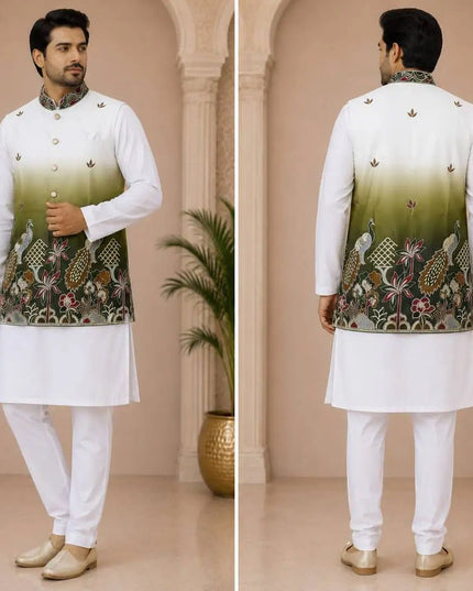 Shaded Peacock Men's Koti Kurta Pyjama Set | Malai Satin 3-Piece Ethnic Wear | Navratri Garba & Wedding - Rosepetals Luxe
