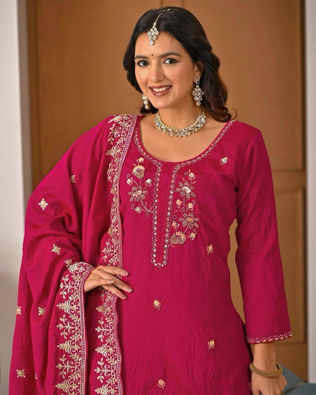 Sharara Palazzo Dupatta Set | Vichitra Material with Embroidery Sequin Work - Rosepetals Luxe