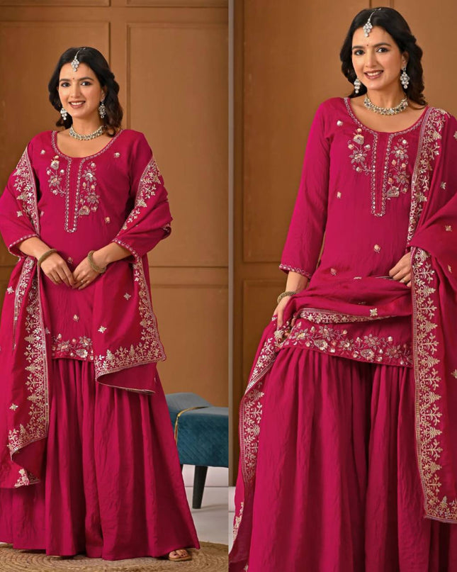 Sharara Palazzo Dupatta Set | Vichitra Material with Embroidery Sequin Work - Rosepetals Luxe