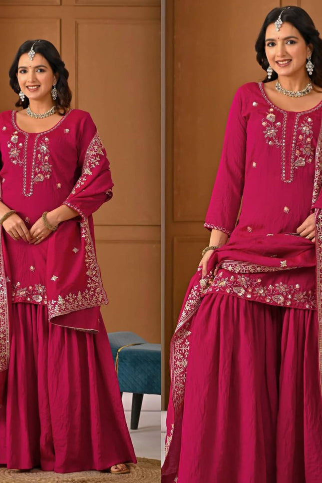 Sharara Palazzo Dupatta Set | Vichitra Material with Embroidery Sequin Work - Rosepetals Luxe