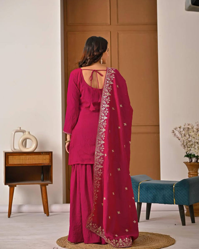 Sharara Palazzo Dupatta Set | Vichitra Material with Embroidery Sequin Work - Rosepetals Luxe