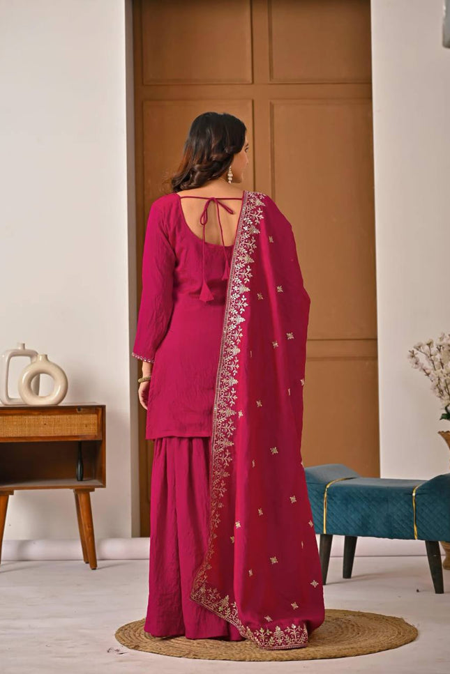 Sharara Palazzo Dupatta Set | Vichitra Material with Embroidery Sequin Work - Rosepetals Luxe