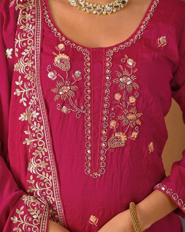 Sharara Palazzo Dupatta Set | Vichitra Material with Embroidery Sequin Work - Rosepetals Luxe