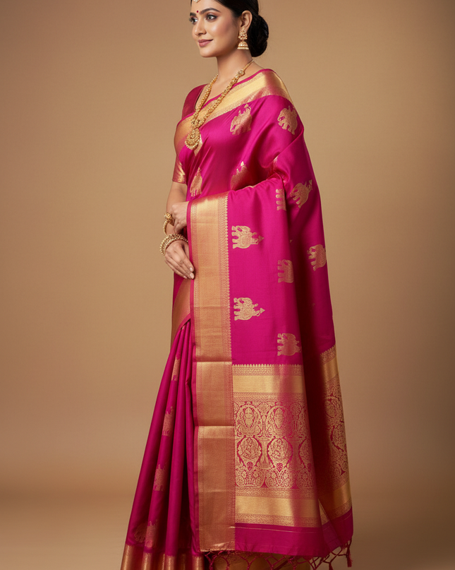 Side Profile Pose  - Kanchipuram Handloom Pure Silk Pink Saree with Beautiful Big Border and Silk Mark Tag - Rosepetals luxe