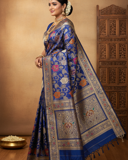 Side Profile Pose - Pure Katan Silk Meenakari Pattu Saree with Golden & Silver Zari Work