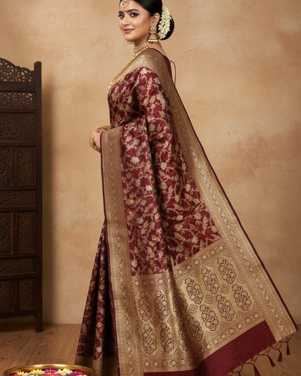  Pure Katan Silk Meenakari Pattu Saree with Golden & Silver Zari Work