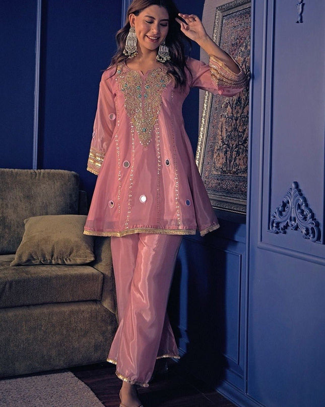 Silk Crepe Embroidered Kurti & Pant Set | Hand Work | Festive & Celebration Wear - Rosepetals Luxe