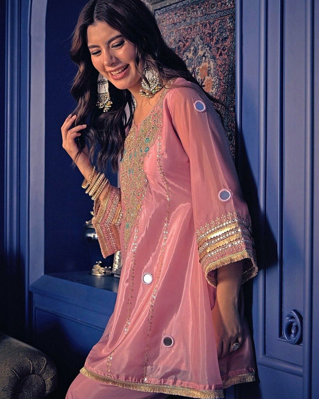 Silk Crepe Embroidered Kurti & Pant Set | Hand Work | Festive & Celebration Wear - Rosepetals Luxe