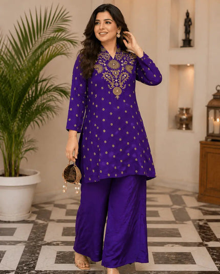 Silk Crepe Wide Leg Palazzo Pants | Ethnic Wear | Purple & White - Rosepetals Luxe