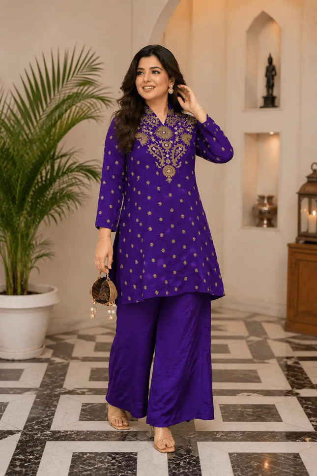 Silk Crepe Wide Leg Palazzo Pants | Ethnic Wear | Purple & White - Rosepetals Luxe