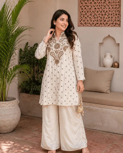 Silk Crepe Wide Leg Palazzo Pants | Ethnic Wear | Purple & White - Rosepetals Luxe
