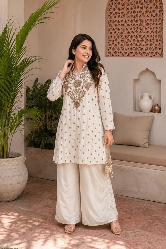 Silk Crepe Wide Leg Palazzo Pants | Ethnic Wear | Purple & White - Rosepetals Luxe