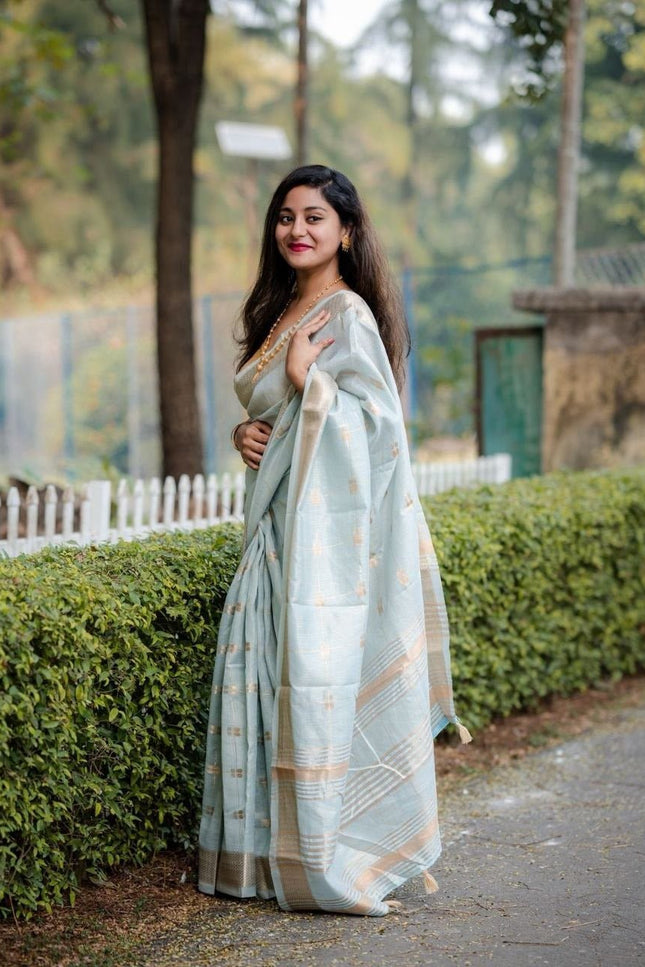 Silky Cotton Saree with Zari Butti All Over | With Running Blouse | Rosepetals Luxe - Rosepetals Luxe
