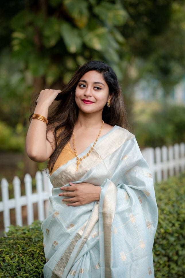 Silky Cotton Saree with Zari Butti All Over | With Running Blouse | Rosepetals Luxe - Rosepetals Luxe