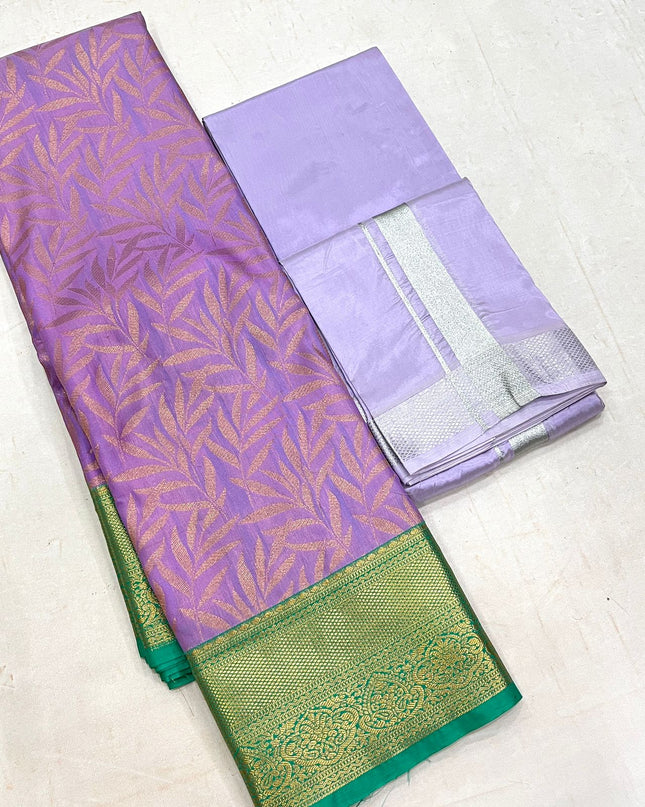 Silver Zari Woven Saree & Matching Border Veshti - Shawl Set | Perfect Couple Combo - Rosepetals Luxe