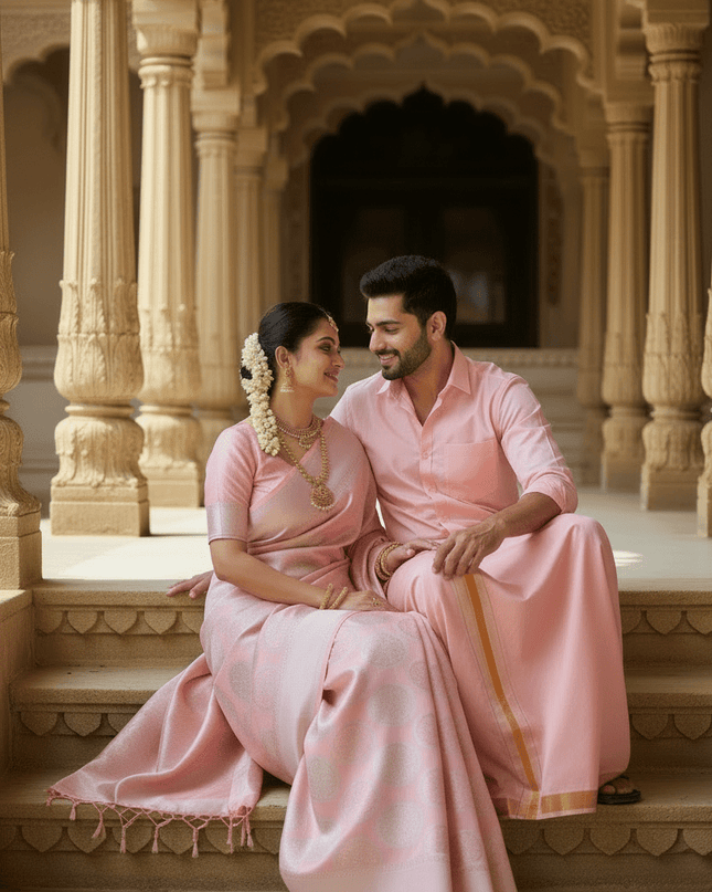 Silver Zari Woven Saree & Matching Border Veshti - Shawl Set | Perfect Couple Combo - Rosepetals Luxe