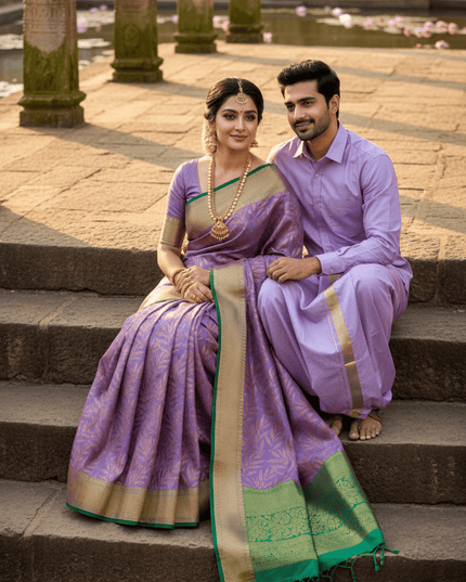 Silver Zari Woven Saree & Matching Border Veshti - Shawl Set | Perfect Couple Combo - Rosepetals Luxe