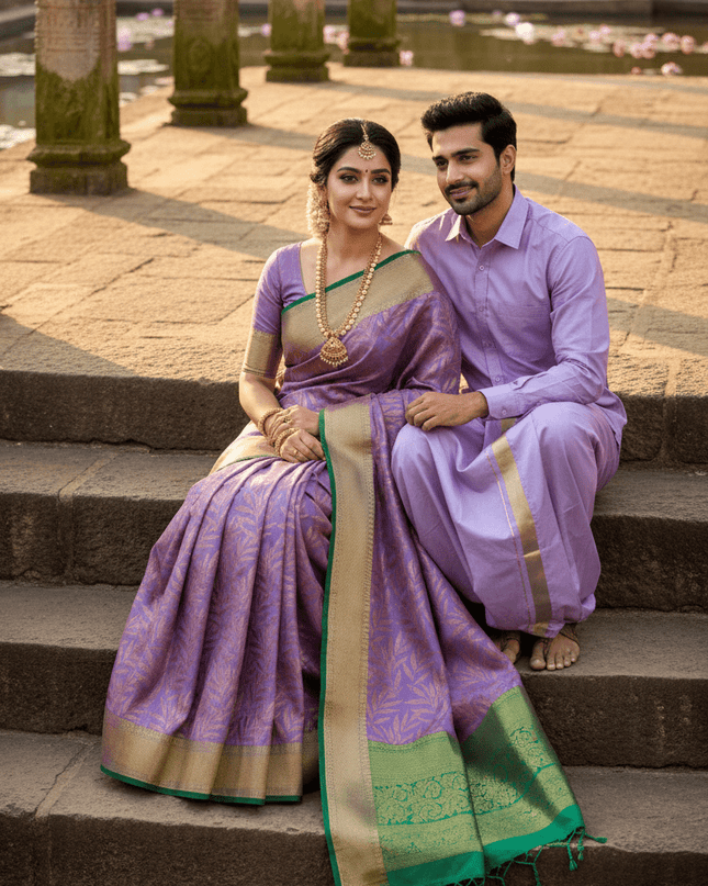 Silver Zari Woven Saree & Matching Border Veshti - Shawl Set | Perfect Couple Combo - Rosepetals Luxe