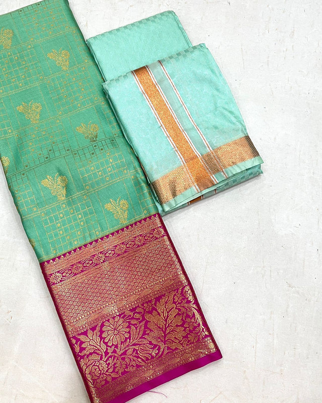 Silver Zari Woven Saree & Matching Border Veshti - Shawl Set | Perfect Couple Combo - Rosepetals Luxe