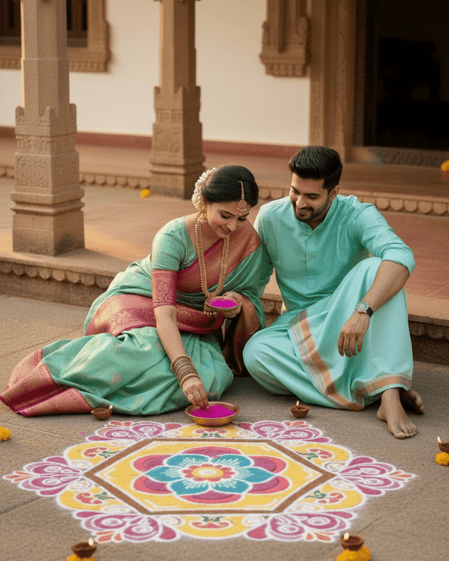 Silver Zari Woven Saree & Matching Border Veshti - Shawl Set | Perfect Couple Combo - Rosepetals Luxe