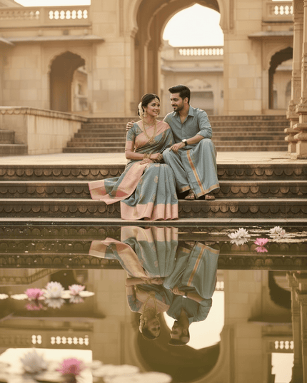Silver Zari Woven Saree & Matching Border Veshti - Shawl Set | Perfect Couple Combo - Rosepetals Luxe