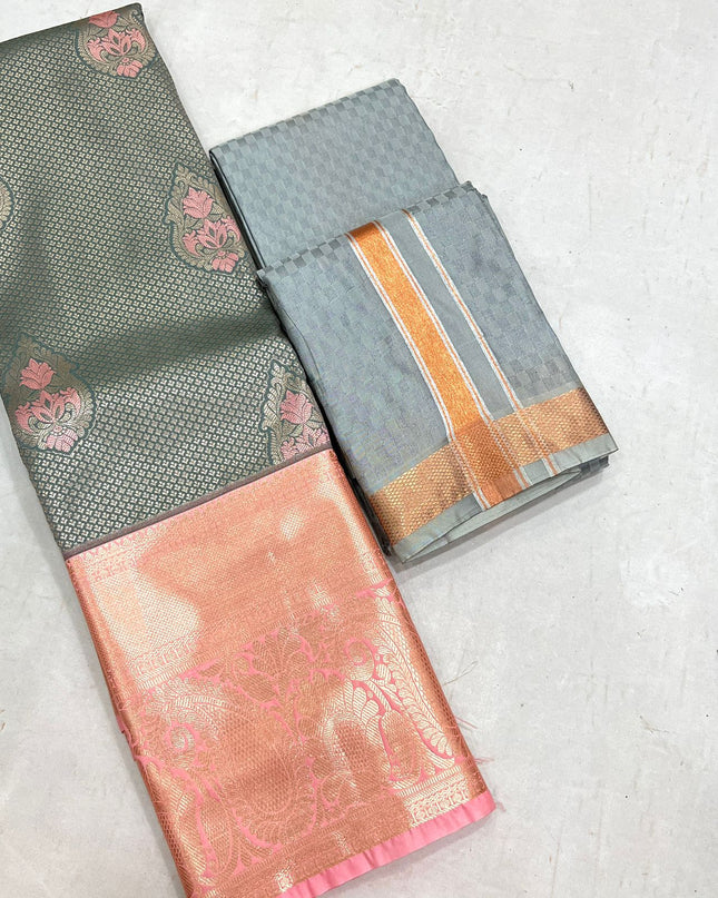 Silver Zari Woven Saree & Matching Border Veshti - Shawl Set | Perfect Couple Combo - Rosepetals Luxe