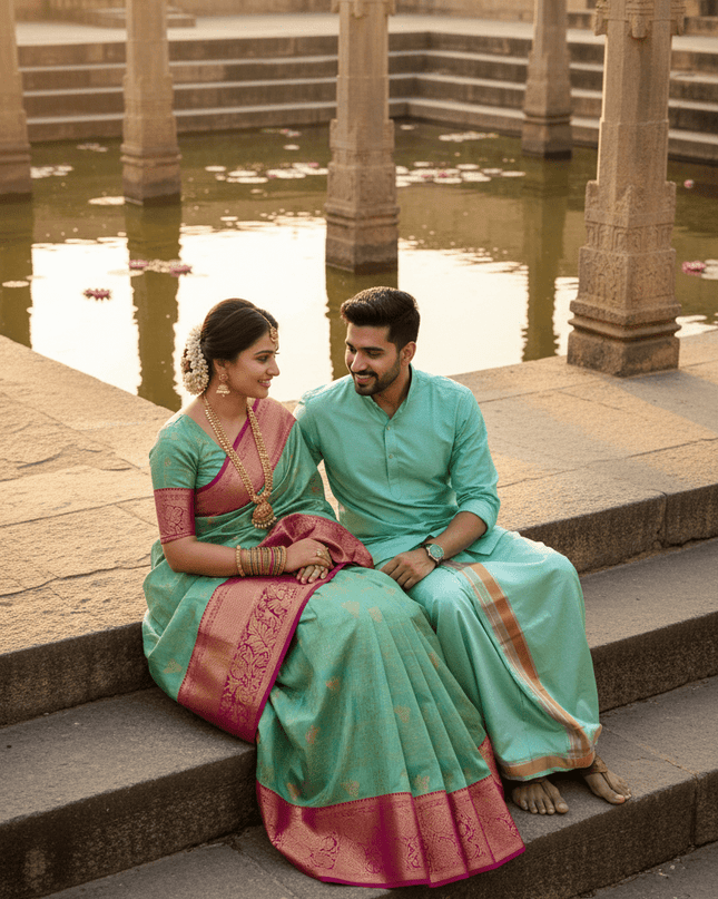 Silver Zari Woven Saree & Matching Border Veshti - Shawl Set | Perfect Couple Combo - Rosepetals Luxe