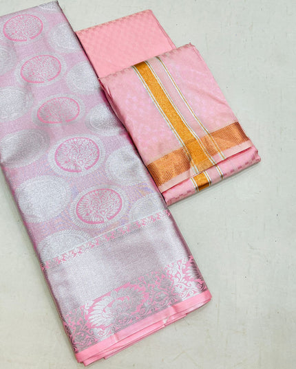 Silver Zari Woven Saree & Matching Border Veshti - Shawl Set | Perfect Couple Combo - Rosepetals Luxe