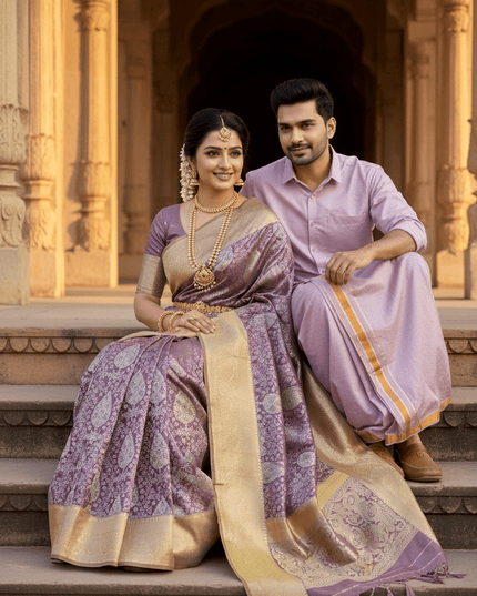 Silver Zari Woven Saree & Matching Border Veshti - Shawl Set | Perfect Couple Combo - Rosepetals Luxe