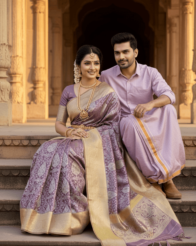 Silver Zari Woven Saree & Matching Border Veshti - Shawl Set | Perfect Couple Combo - Rosepetals Luxe