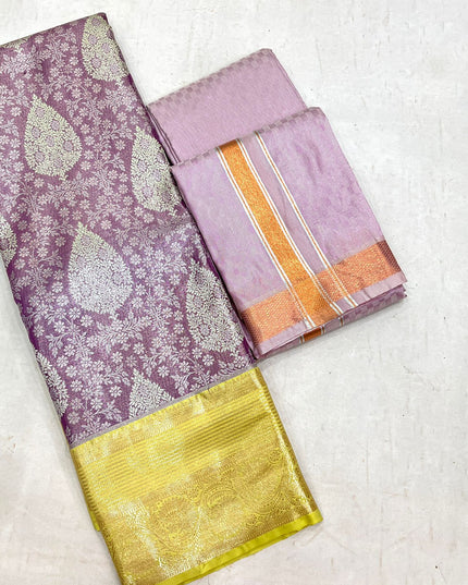 Silver Zari Woven Saree & Matching Border Veshti - Shawl Set | Perfect Couple Combo - Rosepetals Luxe