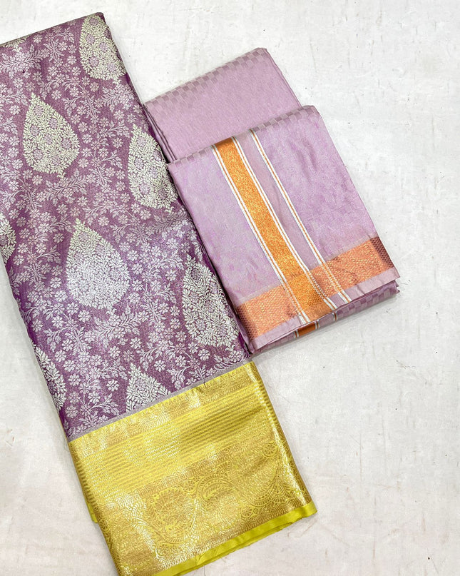 Silver Zari Woven Saree & Matching Border Veshti - Shawl Set | Perfect Couple Combo - Rosepetals Luxe
