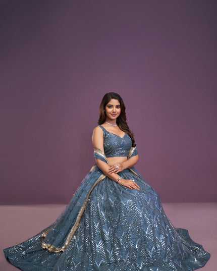 Slate Blue Bridal Net Lehenga Choli | Real Mirror, Zari & Sequin Embroidery | Semi - Stitched with Dupatta - Rosepetals Luxe