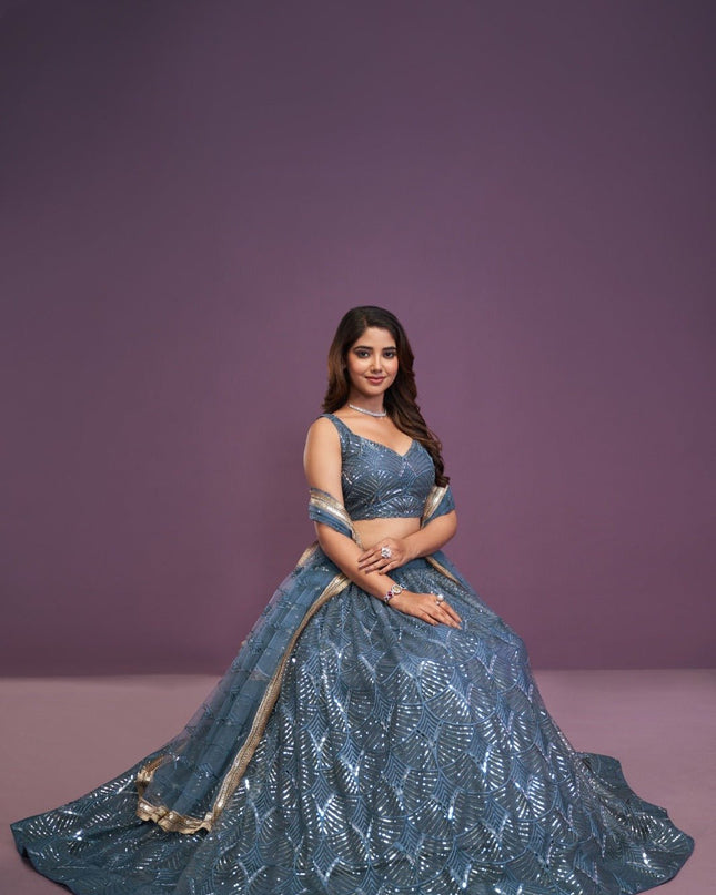 Slate Blue Bridal Net Lehenga Choli | Real Mirror, Zari & Sequin Embroidery | Semi - Stitched with Dupatta - Rosepetals Luxe