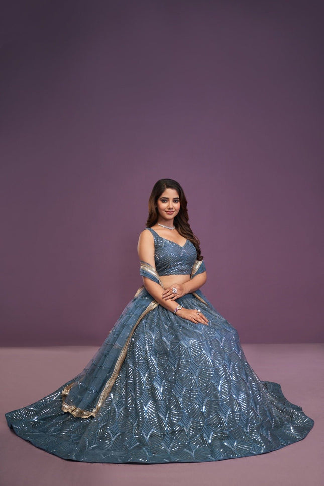 Slate Blue Bridal Net Lehenga Choli | Real Mirror, Zari & Sequin Embroidery | Semi - Stitched with Dupatta - Rosepetals Luxe