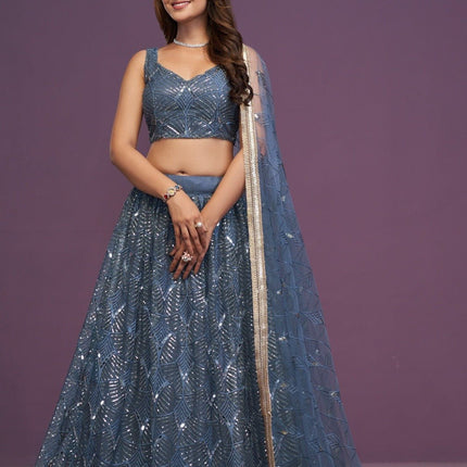 Slate Blue Bridal Net Lehenga Choli | Real Mirror, Zari & Sequin Embroidery | Semi - Stitched with Dupatta - Rosepetals Luxe