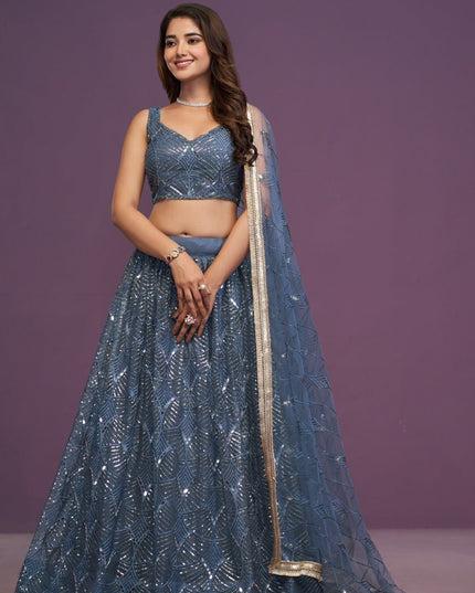 Slate Blue Bridal Net Lehenga Choli | Real Mirror, Zari & Sequin Embroidery | Semi - Stitched with Dupatta - Rosepetals Luxe
