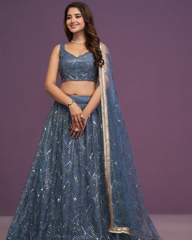 Slate Blue Bridal Net Lehenga Choli | Real Mirror, Zari & Sequin Embroidery | Semi - Stitched with Dupatta - Rosepetals Luxe