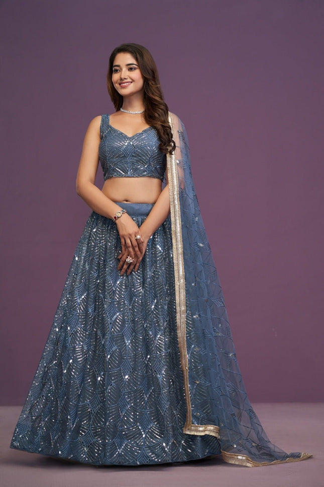 Slate Blue Bridal Net Lehenga Choli | Real Mirror, Zari & Sequin Embroidery | Semi - Stitched with Dupatta - Rosepetals Luxe