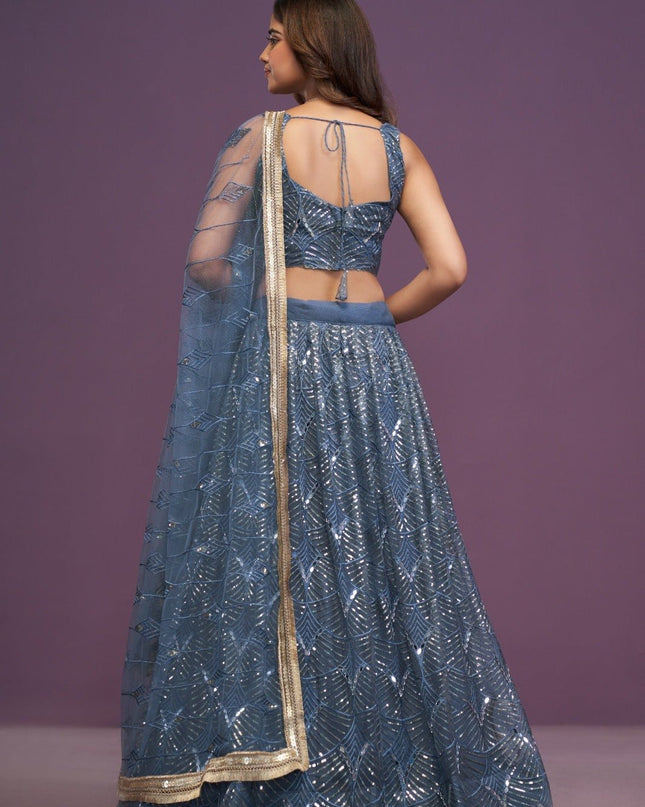 Slate Blue Bridal Net Lehenga Choli | Real Mirror, Zari & Sequin Embroidery | Semi - Stitched with Dupatta - Rosepetals Luxe