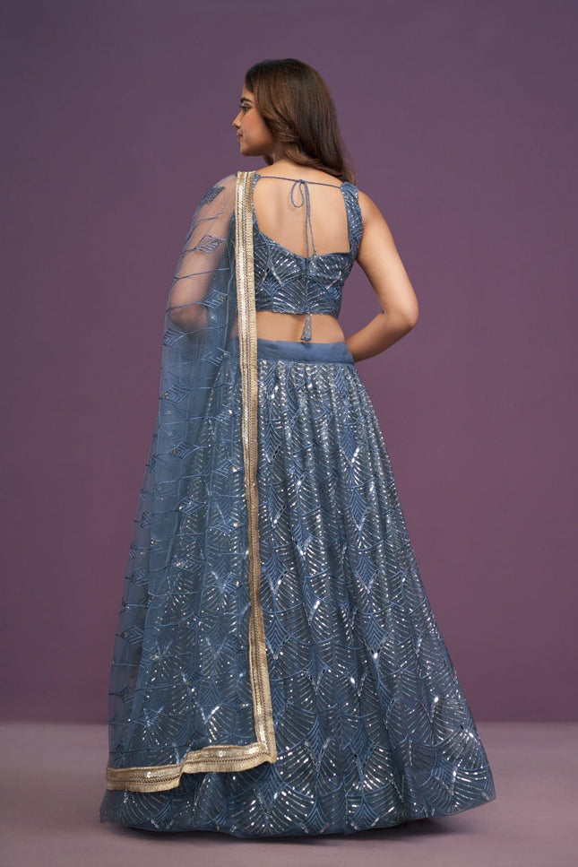 Slate Blue Bridal Net Lehenga Choli | Real Mirror, Zari & Sequin Embroidery | Semi - Stitched with Dupatta - Rosepetals Luxe