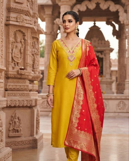 Slub Cotton Embroidery Kurti with Cotton Bottom and Jacquard Dupatta Set - Rosepetals Luxe